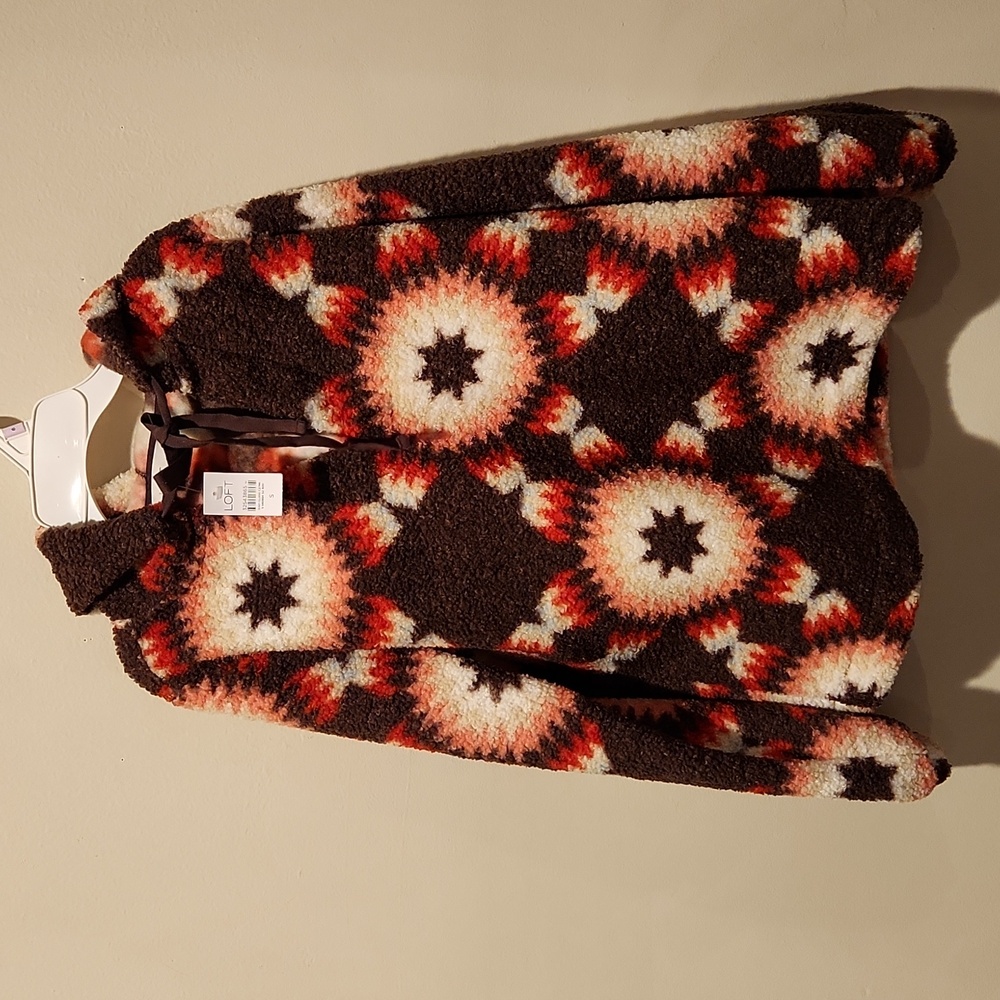 LOFT Brown Pink Red White Patterned Hooded Pullover - Picture 3 of 7